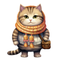 AI generative Cat cartoon character with scarf cozy feeling in winter season, Christmas festival isolation on transparent background png