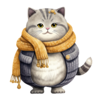 ai generativ Katze Karikatur Charakter mit Schal gemütlich Gefühl im Winter Jahreszeit, Weihnachten Festival Isolierung auf transparent Hintergrund png