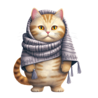 ai generativo gato desenho animado personagem com cachecol acolhedor sentindo-me dentro inverno temporada, Natal festival isolamento em transparente fundo png