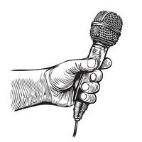 Male hand holding microphone hand drawn sketch Vector illustration Music