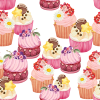 Cupcake Cake  Bread Bakery Dessert on the theme of love valentine's day  with Butter Cream and Fruit Chocolate Sprinkles seamless repeat pattern png