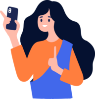 Hand Drawn Female character holding a tablet or smartphone in flat style png