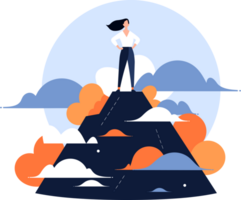 Hand Drawn Businessman standing on top of the mountain of success in flat style png