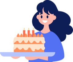 mano dibujado hembra personaje con cumpleaños pastel en plano estilo png