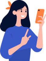 Hand Drawn Female character holding a tablet or smartphone in flat style png