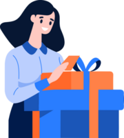 Hand Drawn female character with gift box in flat style png