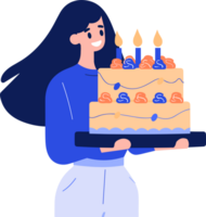 Hand gezeichnet weiblich Charakter mit Geburtstag Kuchen im eben Stil png