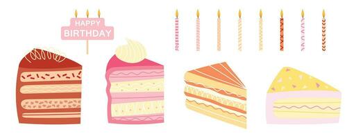 Set of hand drawn pieces of cakes and candles set isolated on white background. Slises of cakes. Set of decorative candles.Vector design elements for postcards, stickers, label, logo and etc. vector