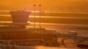 Air traffic control tower at sunset video