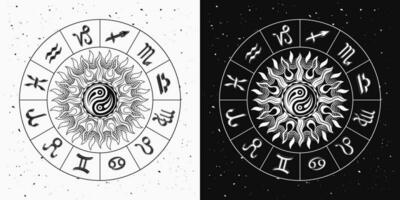 Horoscope wheel with zodiac signs, sun vector