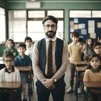 A teacher who stands in a class with students Generative AI photo