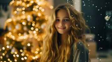 hermosa joven rubia niña sonrisa en un acogedor habitación decorado con nuevo años decoraciones y un Navidad árbol iluminado por calentar ligero foto