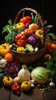 vistoso otoño vegetales arreglado en rústico cesta foto