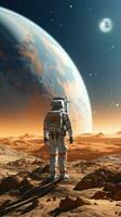 Astronaut exploring surface of a distant planet photo