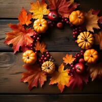 Autumn leaves arranged around Happy Thanksgiving sign photo