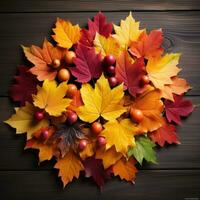 Autumn leaves arranged around Happy Thanksgiving sign photo