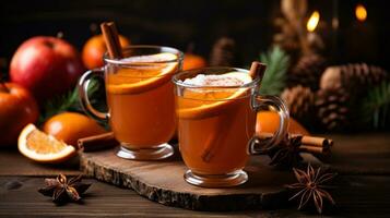 Warm apple cider served in cozy mugs photo