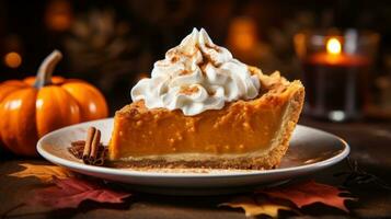 Plate of delicious pumpkin pie with whipped cream photo