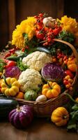 vistoso otoño vegetales arreglado en rústico cesta foto