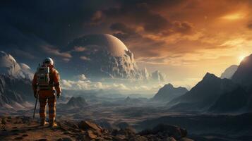 Astronaut exploring surface of a distant planet photo