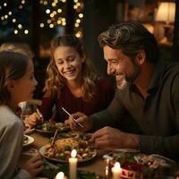 Smiling family gathered around beautifully decorated tab photo