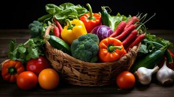 Colorful fall vegetables arranged in rustic basket photo