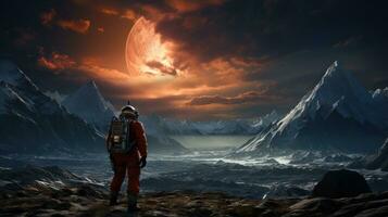 Astronaut exploring surface of a distant planet photo