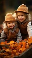 adorable niños jugando en pila de algo de otoño hojas foto