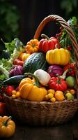 Colorful fall vegetables arranged in rustic basket photo