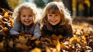 Adorable children playing in piles of autumn leaves photo