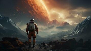 Astronaut exploring surface of a distant planet photo