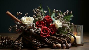 Rustic centerpiece made of twigs and pine cones photo