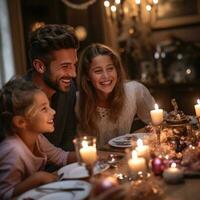 Smiling family gathered around beautifully decorated tab photo