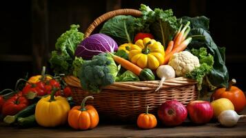 Colorful fall vegetables arranged in rustic basket photo