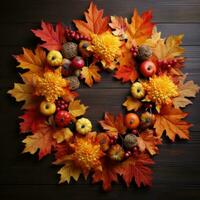 Autumn leaves arranged around Happy Thanksgiving sign photo