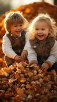 Adorable children playing in piles of autumn leaves photo