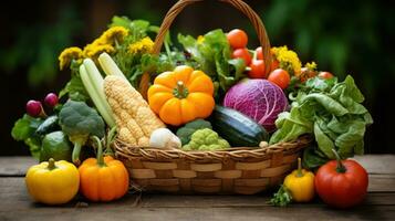 Colorful fall vegetables arranged in rustic basket photo