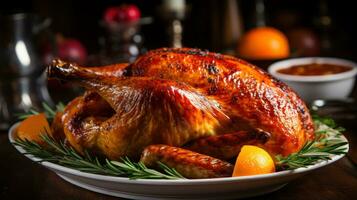 Close-up of golden-brown roasted turkey photo