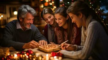 Smiling family gathered around beautifully decorated tab photo