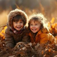 Adorable children playing in piles of autumn leaves photo