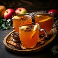 Warm apple cider served in cozy mugs photo