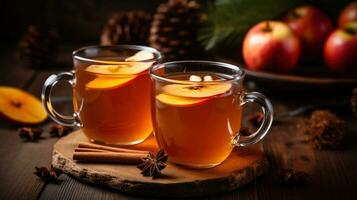 Warm apple cider served in cozy mugs photo