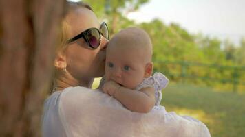 Mutter mit Baby Ausgaben Sommer- Tag im das Park video