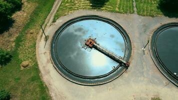 Wastewater treatment plant. Flight along the treatment plant. Drone video. 4k stock footage. video