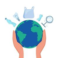 Planet Earth surrounded by garbage. Trash polluted planet earth in human hands. Ecology concept. Vector illustration.