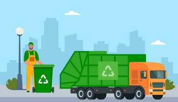 Garbage truck and sanitation worker. Garbage man in uniform with trash bin and recycling symbol on it. Garbage sorting. Zero waste, environment protection concept. Vector illustration.