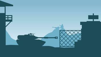 militar base paisaje vector ilustración. paisaje silueta de tanque y enviar Guardia en militar base. militar paisaje para fondo, fondo de pantalla o aterrizaje página