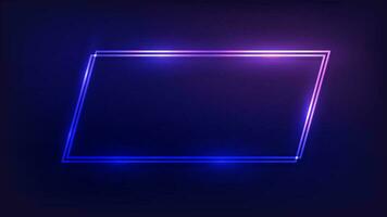 Neon double quadrangle frame with shining effects on dark background. Empty glowing techno backdrop. Vector illustration.