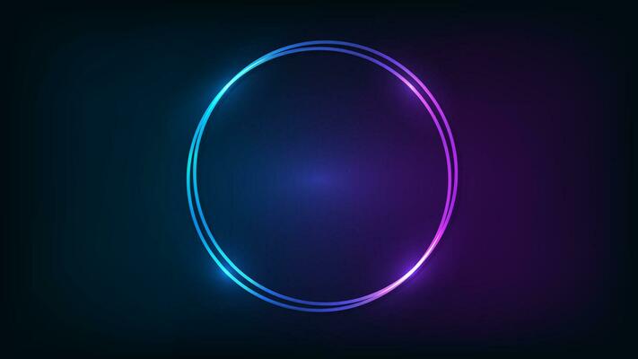 Neon double round frame with shining effects on dark background. Empty glowing techno backdrop. Vector illustration.