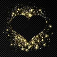 Heart shape frame with golden glitter on dark background. Greeting card with empty dark background. Vector illustration.